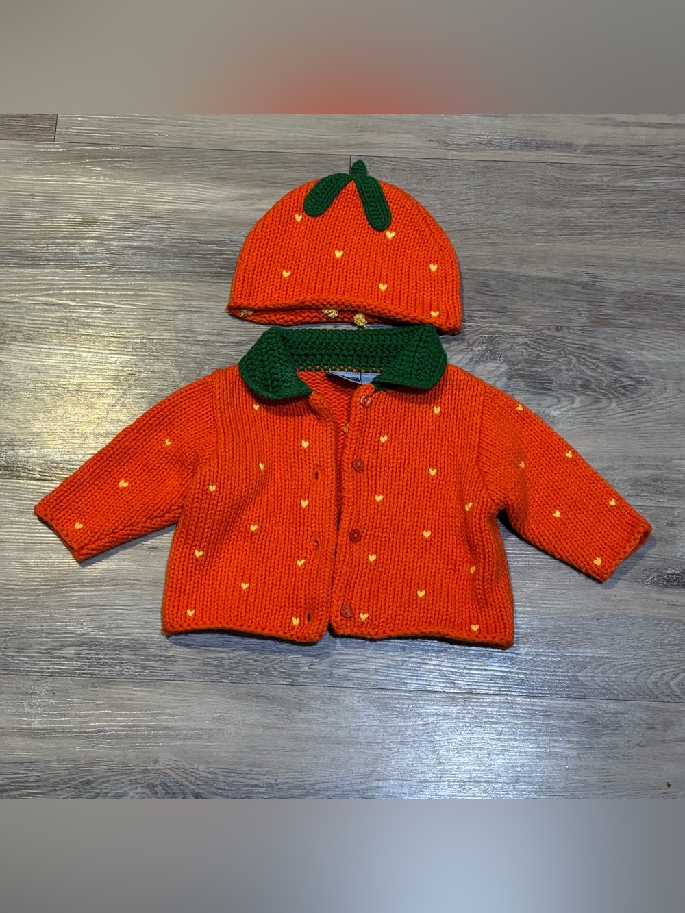 Vintage Fall Pumpkin Halloween knit cardigan sweater & hat set 3/6 months
